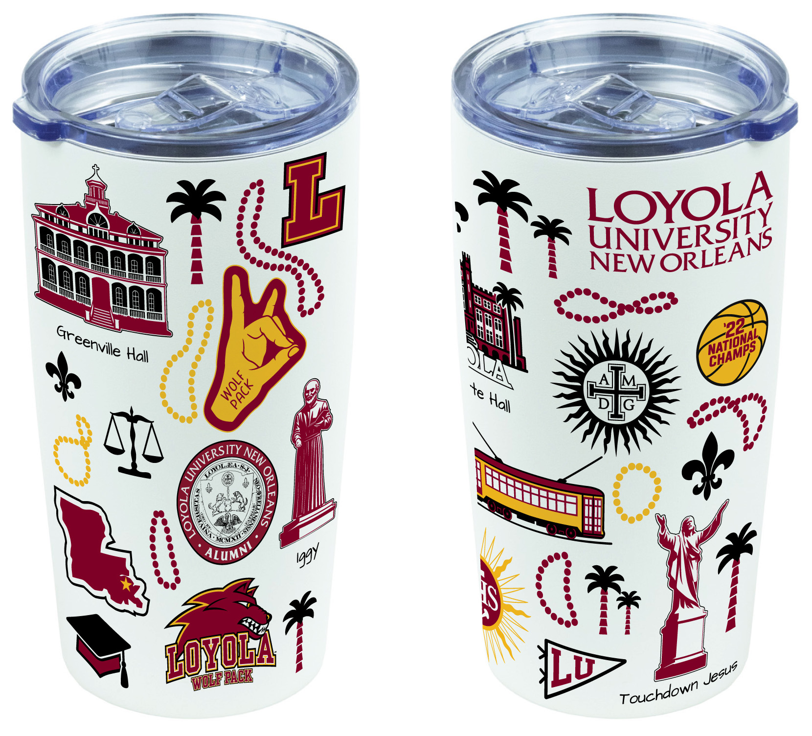 Hot/cold beverage tumbler featuring iconic Loyola images.